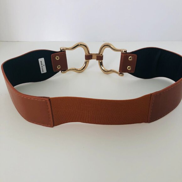 Saddle brown equestrian-inspired style faux leather wide stretch belt – small - Picture 2 of 8